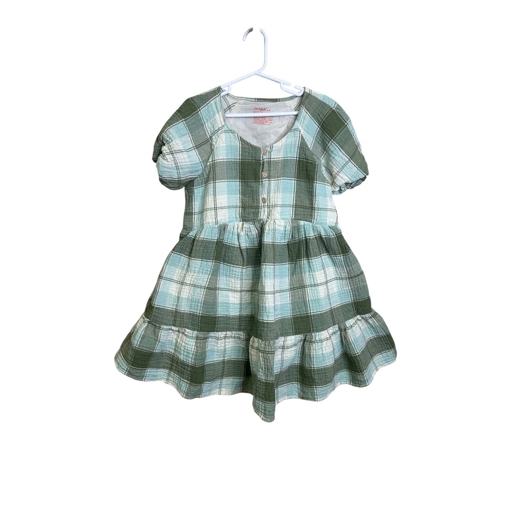 Cat Jack Girls Plaid Tunic Dress Size 8 Green Blue Ruffle Hem Short Sleeve‎